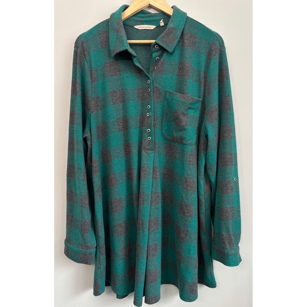 Soft Surroundings Top 1X Plaid Button‎ Neck Tunic Shirt Green Gray Popover Cozy